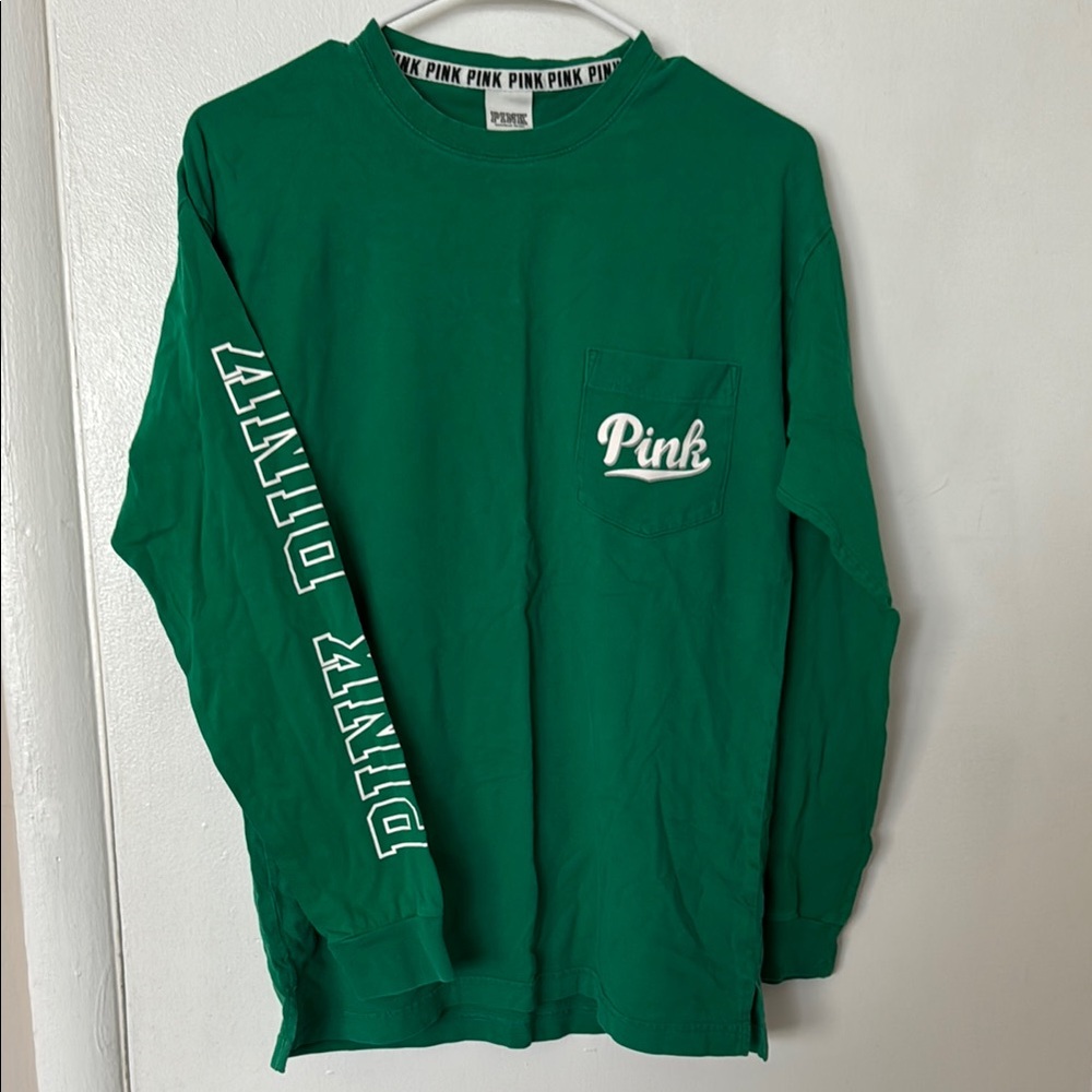 Green Long Sleeve Shirt with Pink Logo